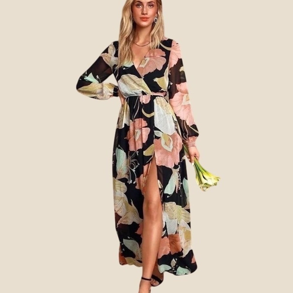 Lulus Black Floral Chiffon Water Lily Maxi Dress Old Hollywood Glam Whimsigoth S